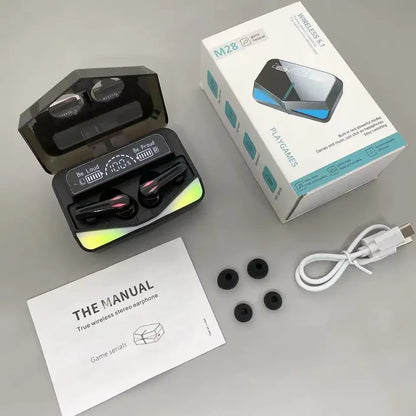 M28 Gaming Wireless Earbuds with RGB Lights & Digital LED DisplayM28 Wireless Gaming Earbuds – Stylish RGB light design  Smart Digital LED Display – Real-time battery status